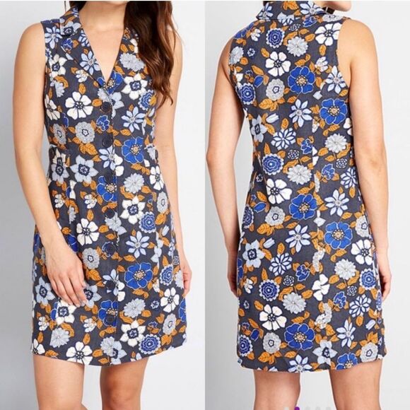 New! ModCloth Coasting Along Sleeveless Retro Linen Shirtdress Blue Mod Floral - Picture 1 of 5